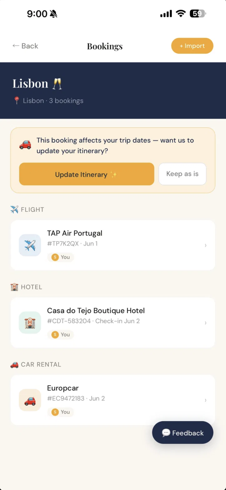 Bookings screen showing imported confirmations