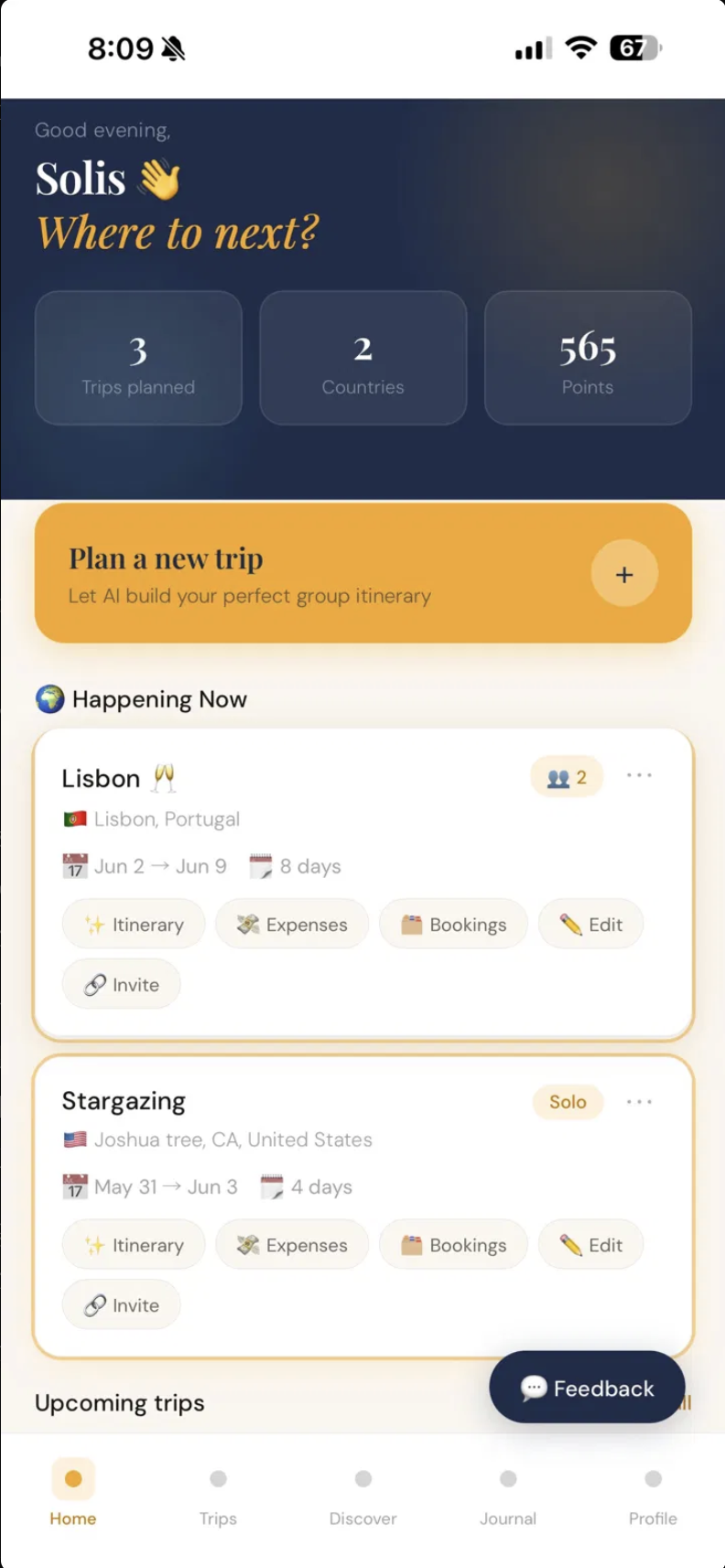 Solis home screen showing your trips