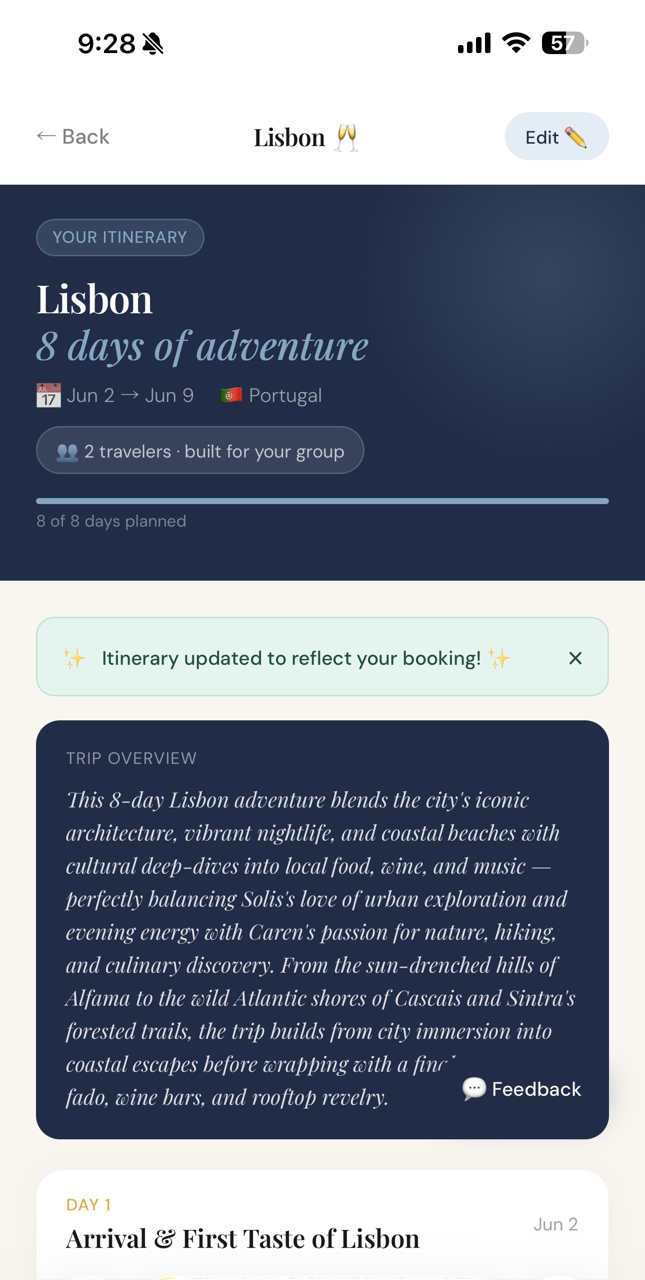 Itinerary updated automatically