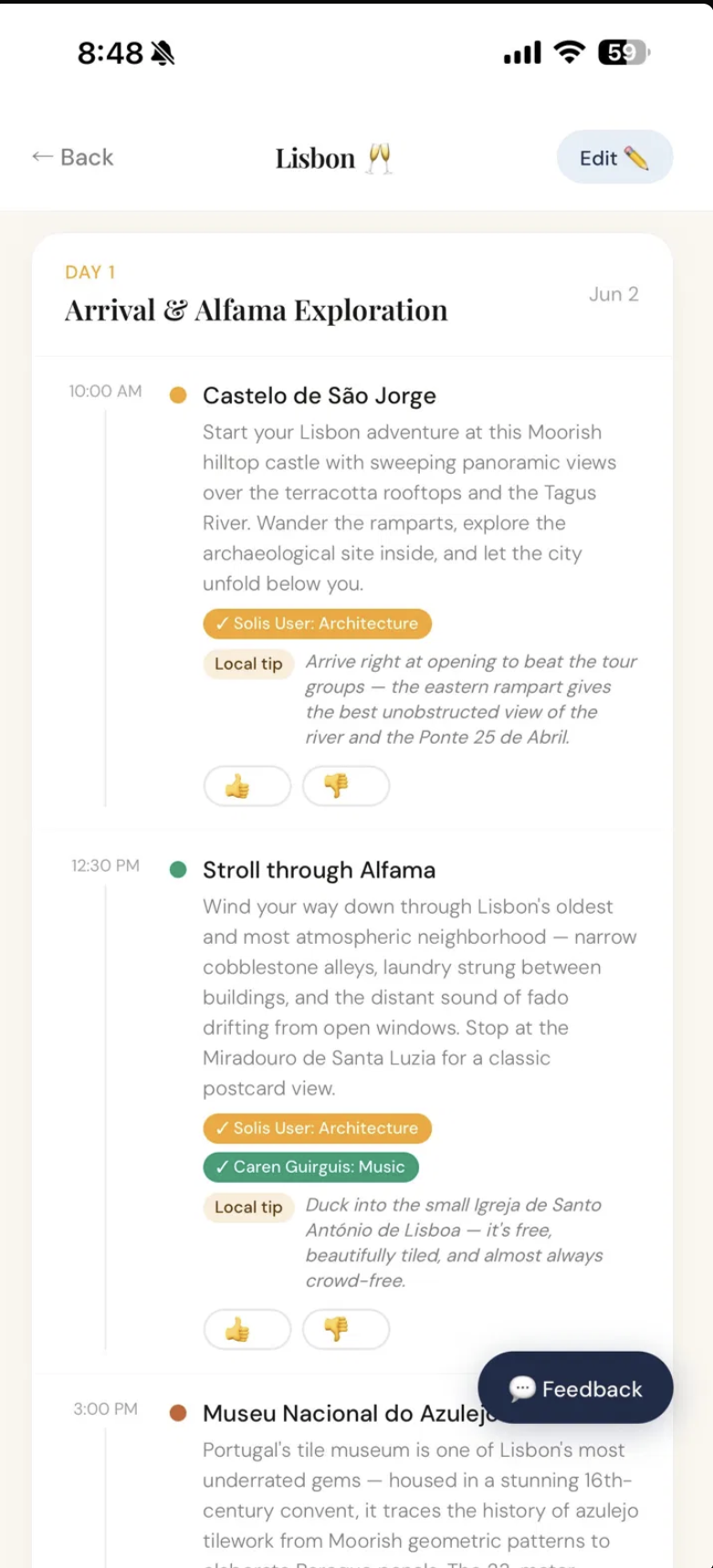 AI-generated itinerary screen