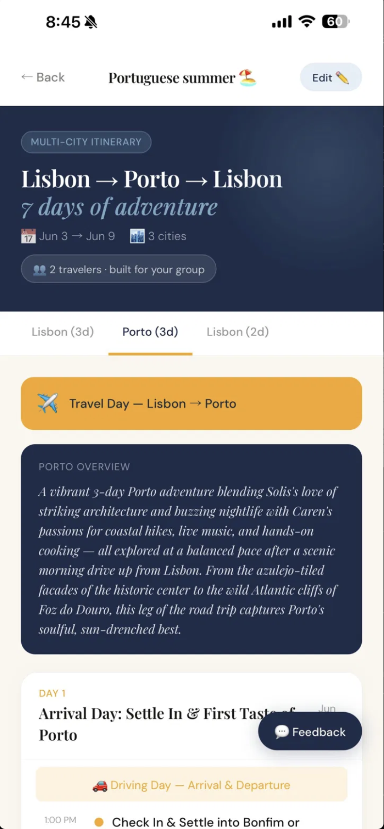 Multi-city trip itinerary screen