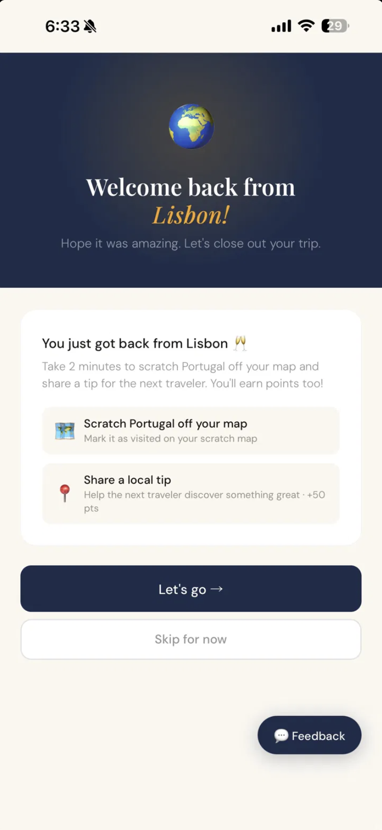Post-trip memories screen
